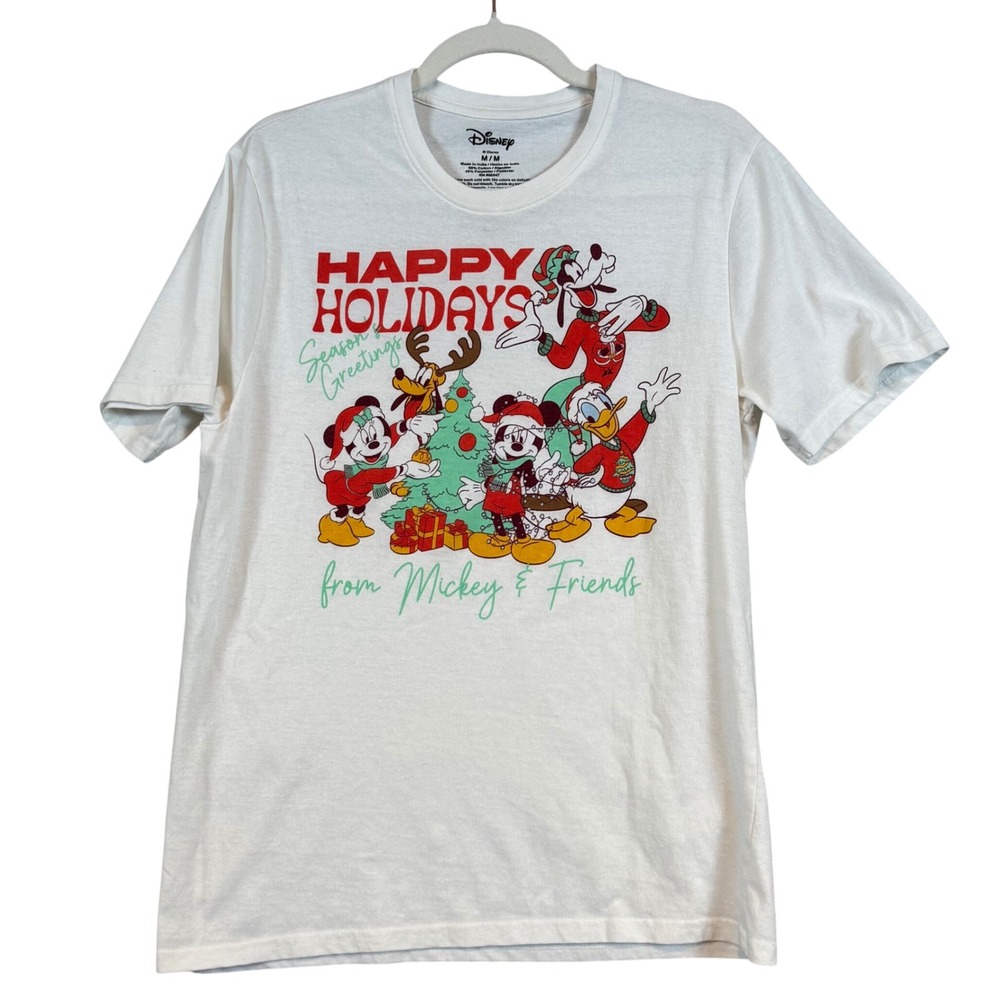 Disney Mickey and Friends Happy Holidays Christmas White Graphic T-Shirt Medium